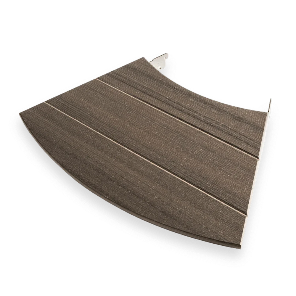 Curved wood-textured grill accessory panel with metal edges for outdoor grill table