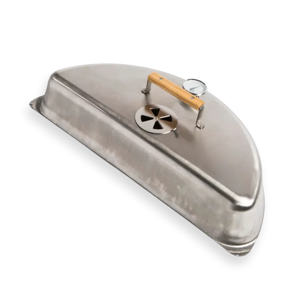 Stainless steel grill smoker lid with wooden handle, thermometer, and vent on black background