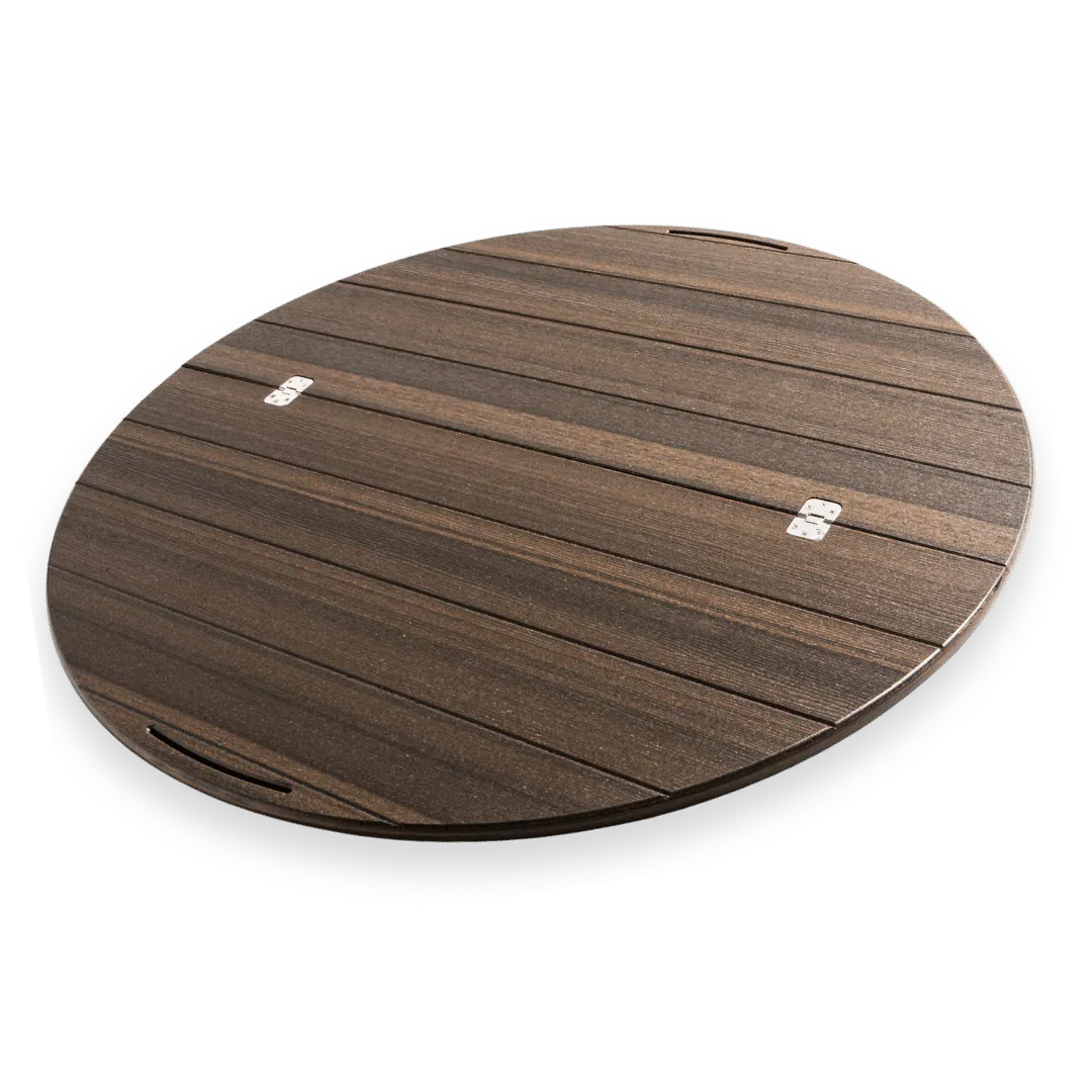 Round wooden Lazy Susan tabletop with dark finish and metal accents, ideal for outdoor dining.