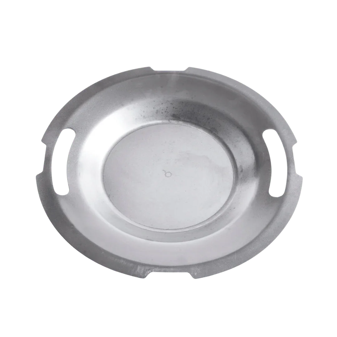 Stainless steel charcoal grill ash pan with side handles, top view