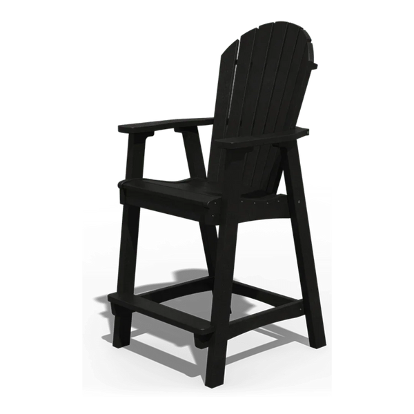Black outdoor counter-height Adirondack chair with armrests and slatted back