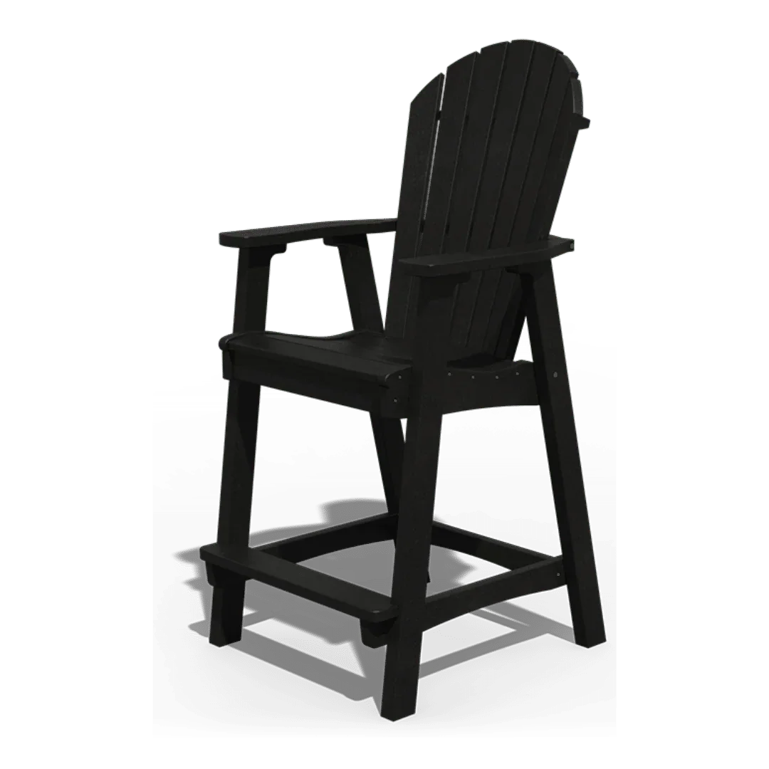 Black outdoor counter-height Adirondack chair with armrests and slatted back