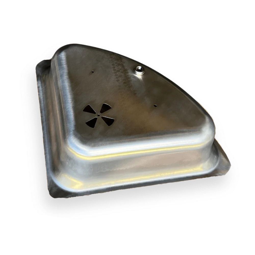 Stainless steel smoker lid with vent for charcoal grill or smoker accessory.