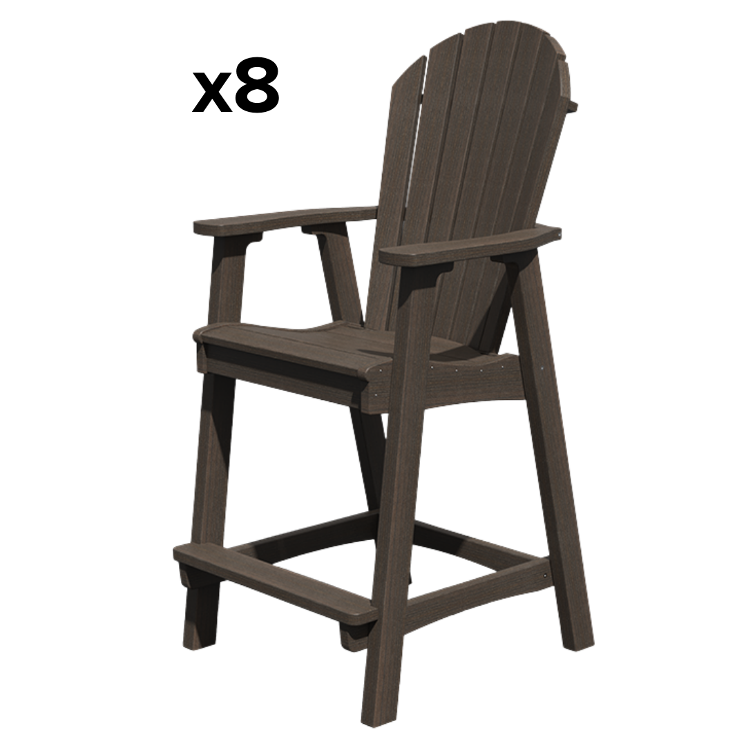 Outdoor counter height chair with armrests and footrest in dark wood finish