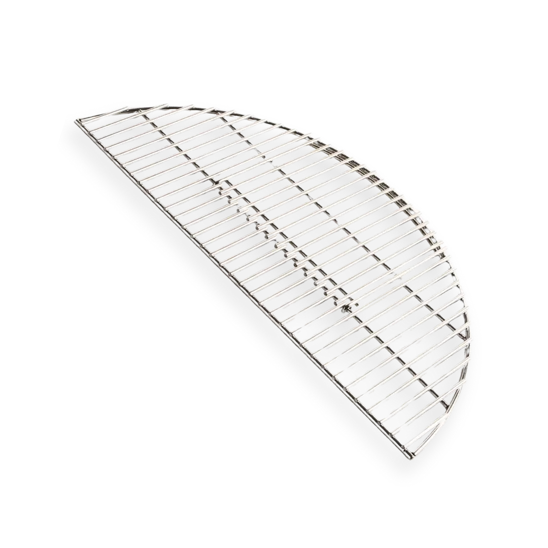 Stainless steel half-round grill grate for charcoal grill or smoker on black background