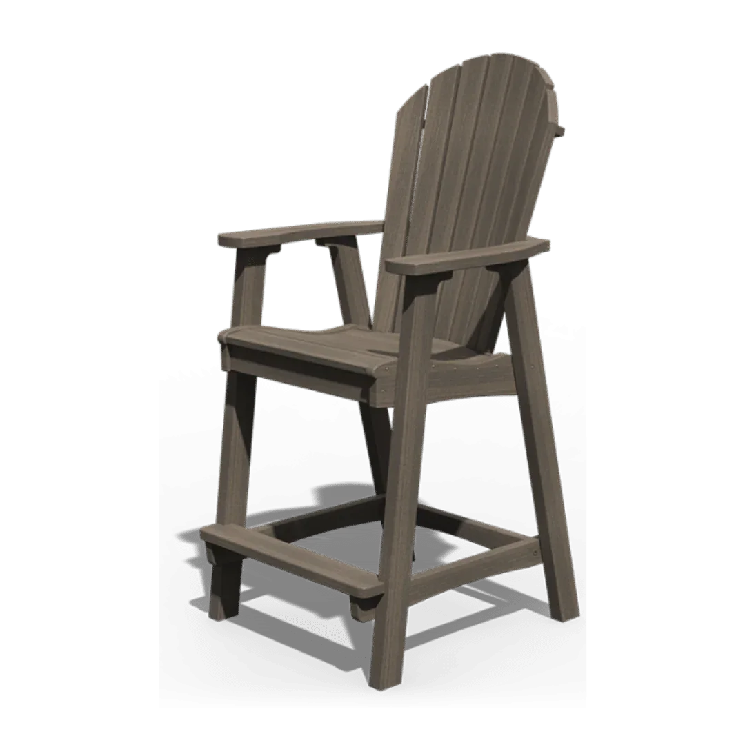 Outdoor wooden counter-height chair with armrests and slatted backrest.