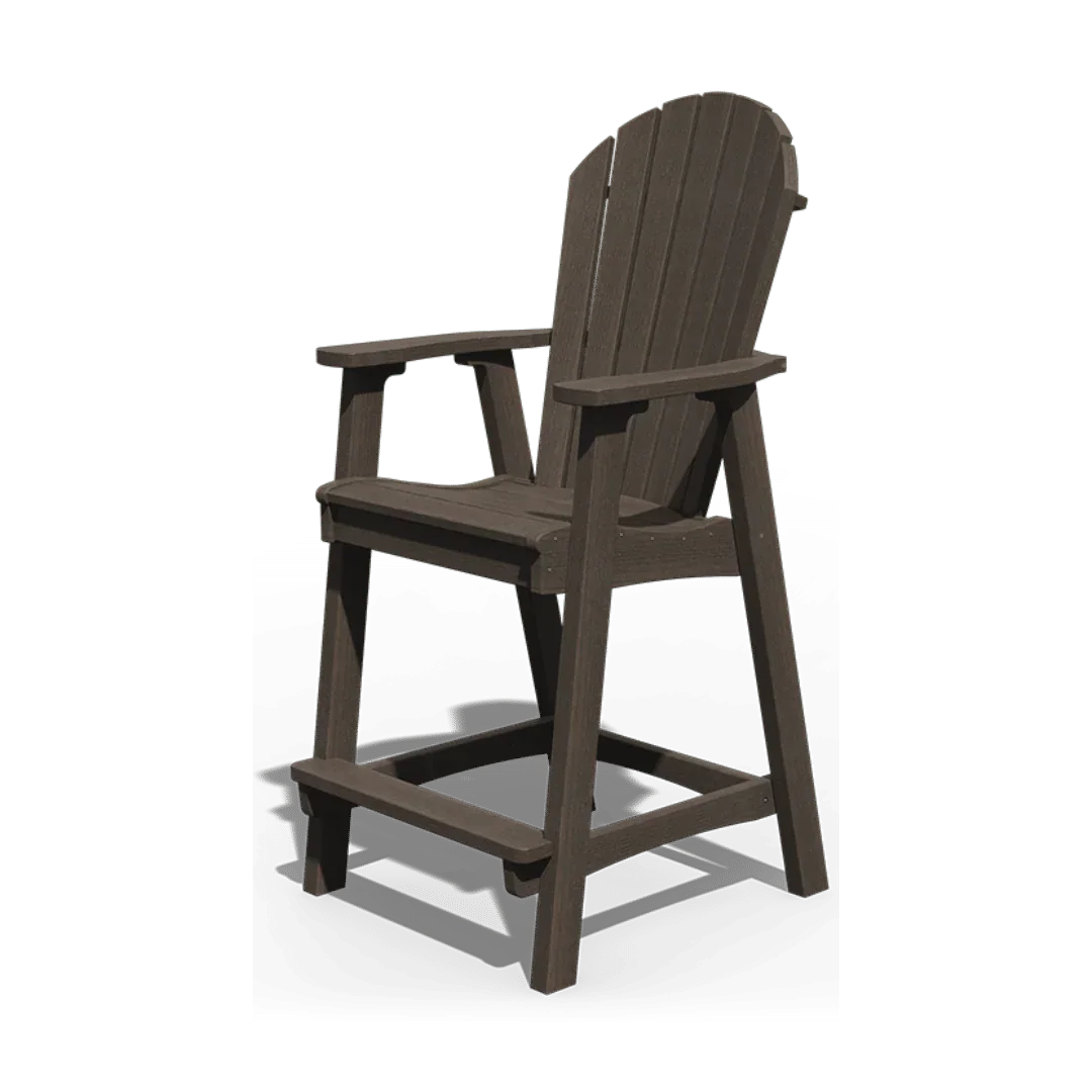 Brown Adirondack-style counter chair with armrests and footrest, ideal for outdoor seating.