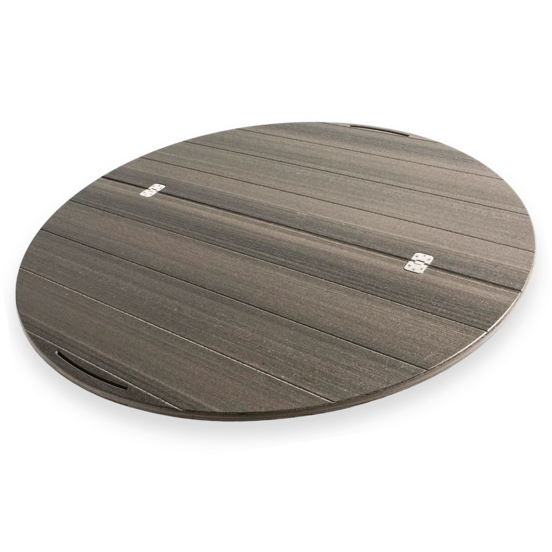 Round wooden lazy Susan turntable with metal hinges and handle slot, outdoor dining accessory