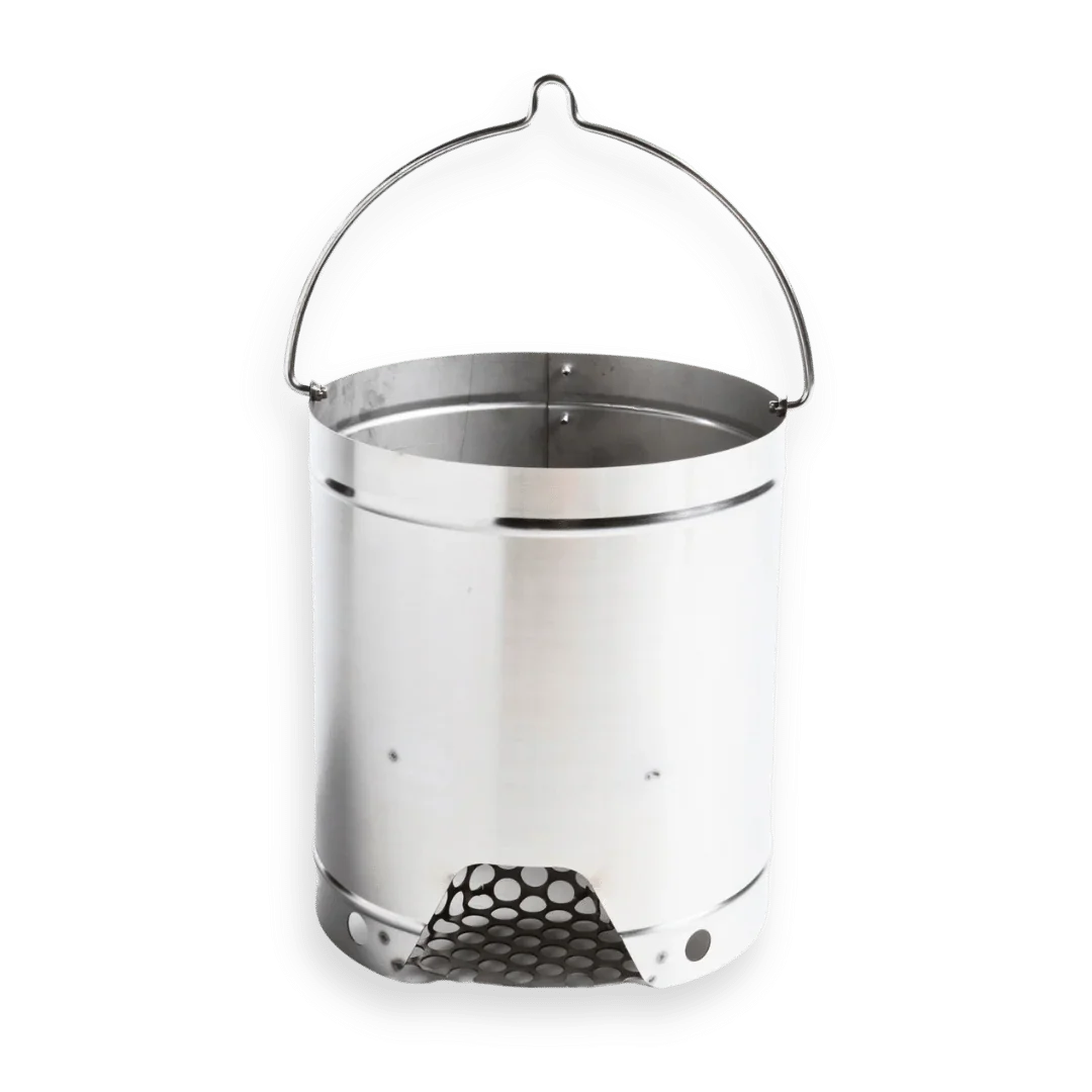 Stainless steel charcoal starter with handle and ventilation holes for grilling